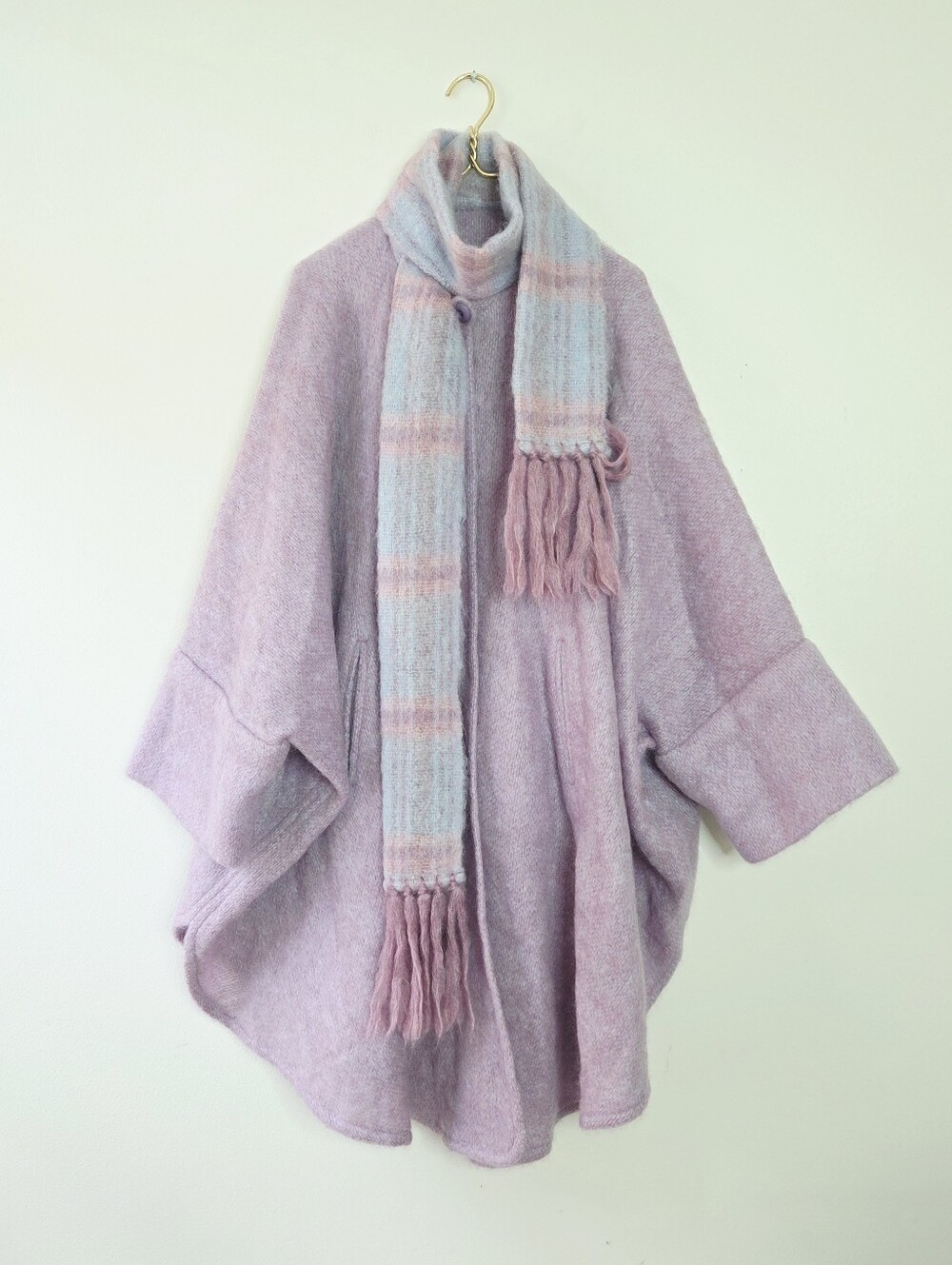 Donegal Design Irish Mohair Sweater Cape Coat Lavender One Size Oversized Scarf